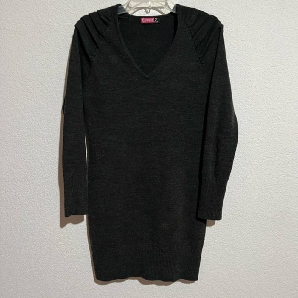 Say What? Charcoal Gray Knit Sweater Dress V Neck Ruched Raglan Sleeves Small